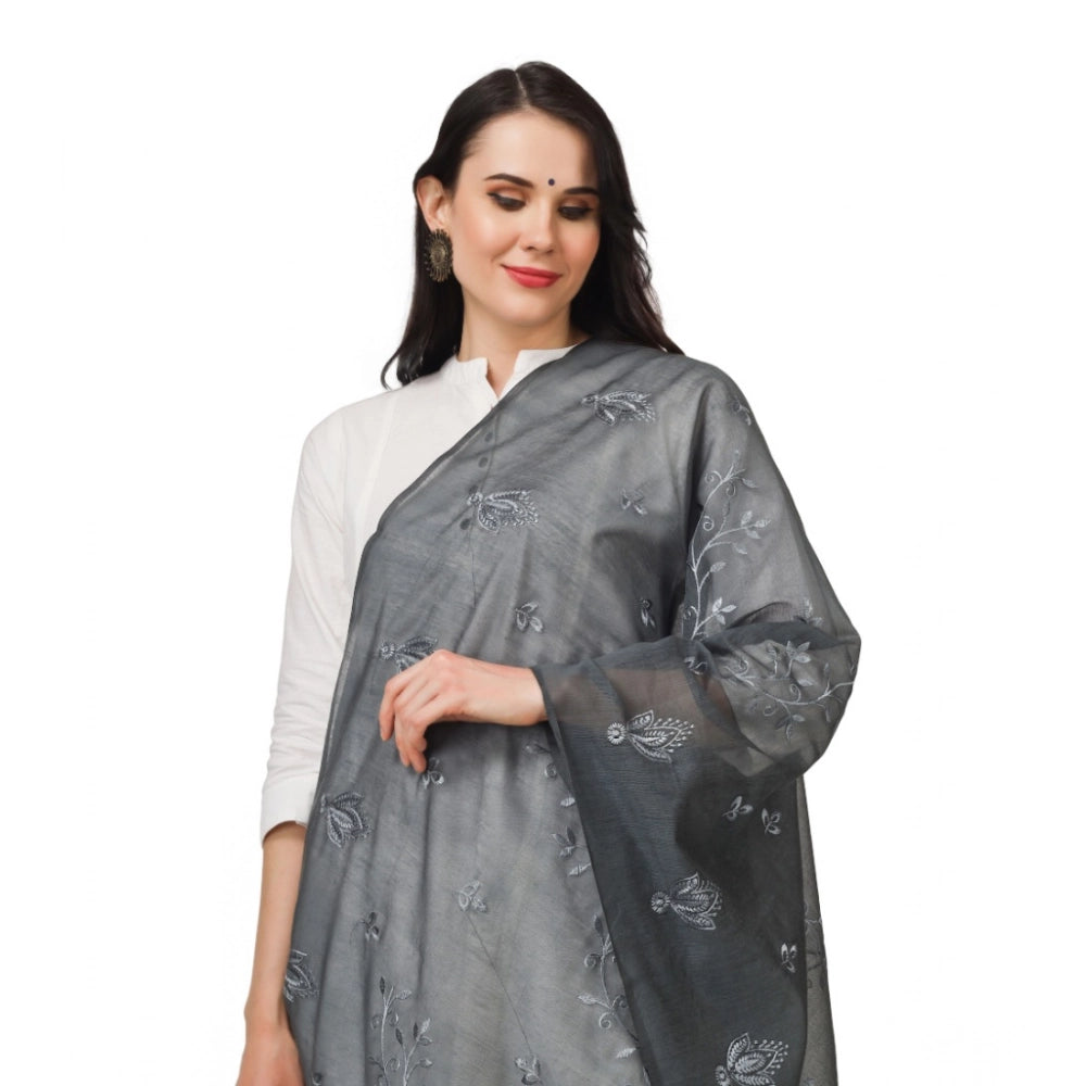 Women's Cotton Embroidered Dupatta (Grey, Length: 2.25 to 2.50 Mtr)