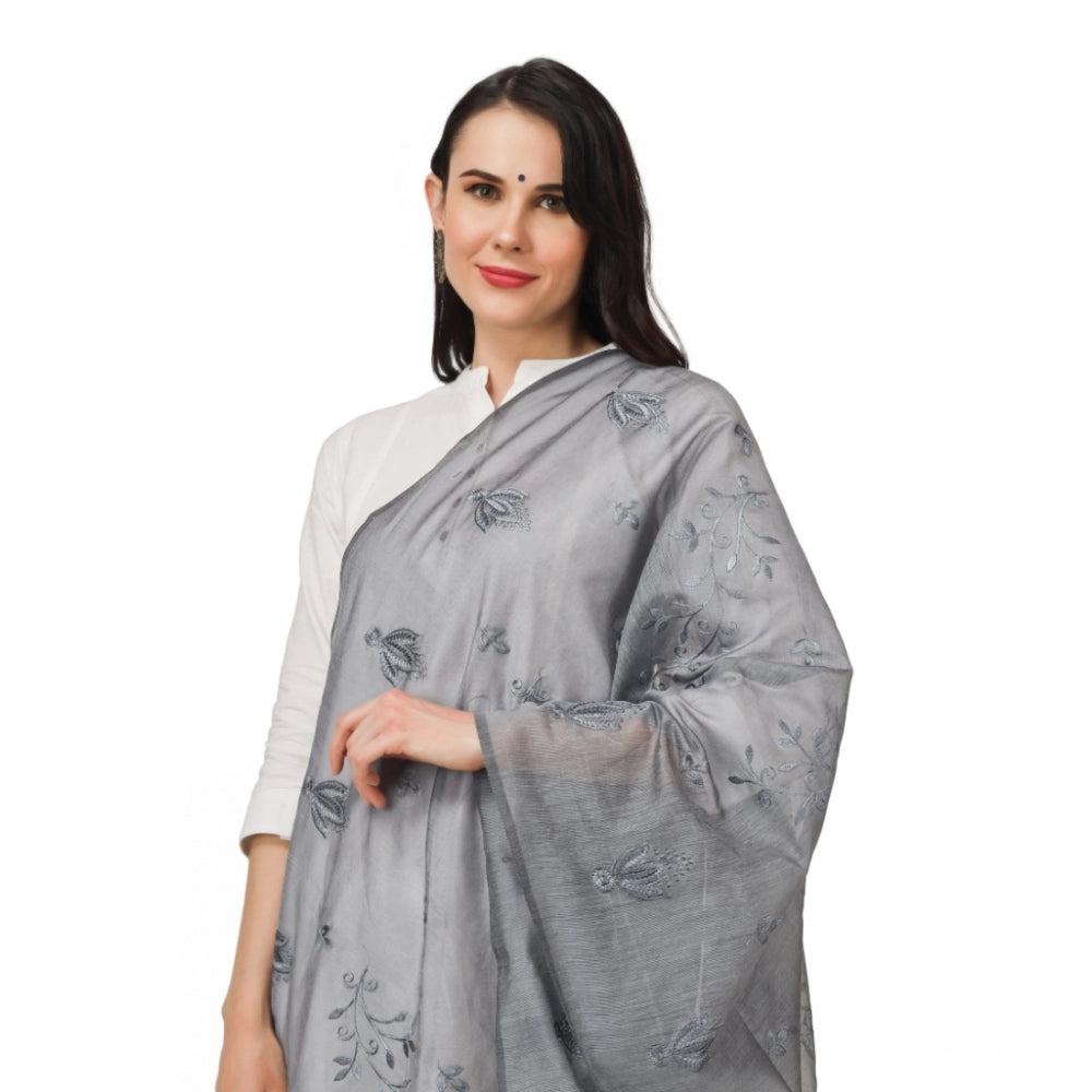 Women's Cotton Embroidered Dupatta (Grey, Length: 2.25 to 2.50 Mtr)