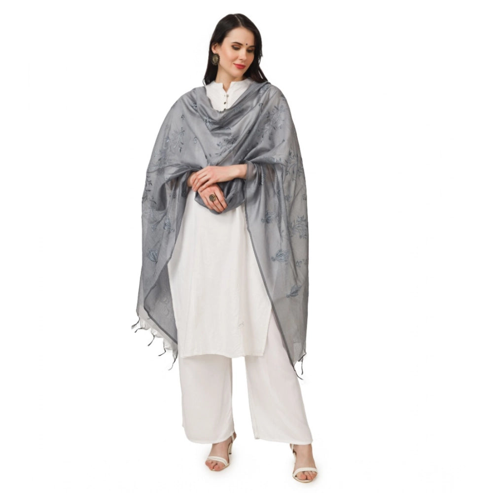 Women's Cotton Embroidered Dupatta (Grey, Length: 2.25 to 2.50 Mtr)