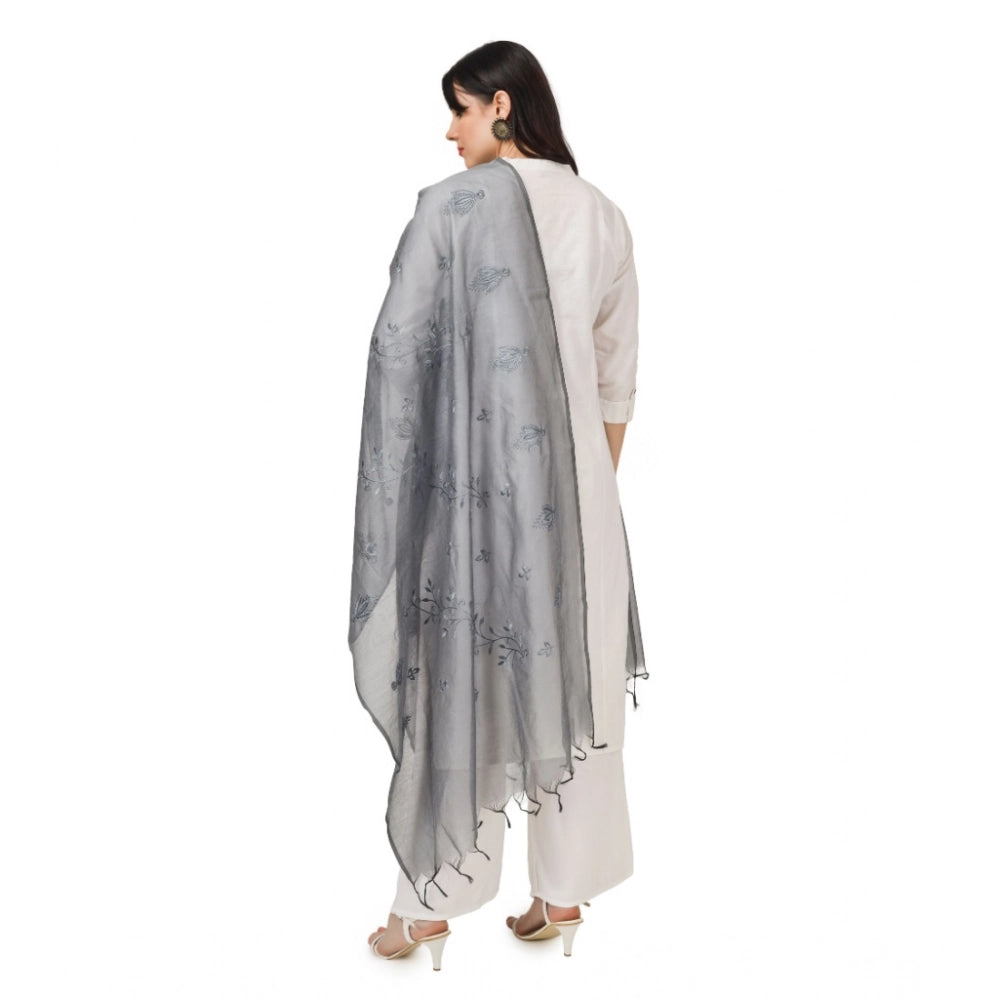 Women's Cotton Embroidered Dupatta (Grey, Length: 2.25 to 2.50 Mtr)