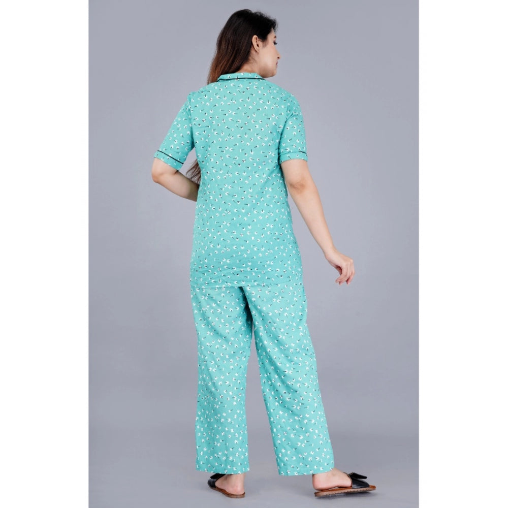 Women's Casual Half Sleeve Printed Viscose Rayon Shirt With Pyjama Pant Night Suit Set (Green)