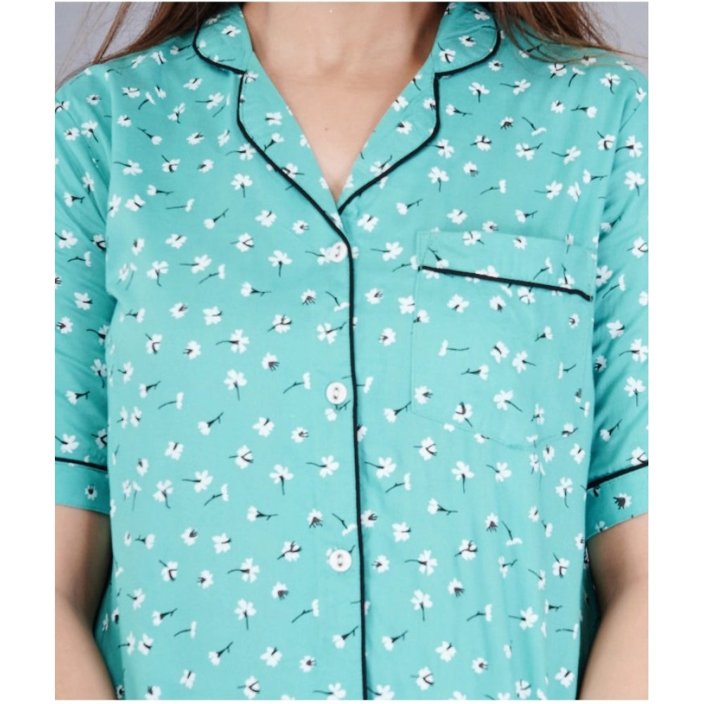 Women's Casual Half Sleeve Printed Viscose Rayon Shirt With Pyjama Pant Night Suit Set (Green)