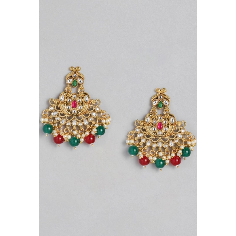 Women's Rose Gold Plated Alloy Kundan Earrings &amp; Mangtikka (Red &amp; Green)