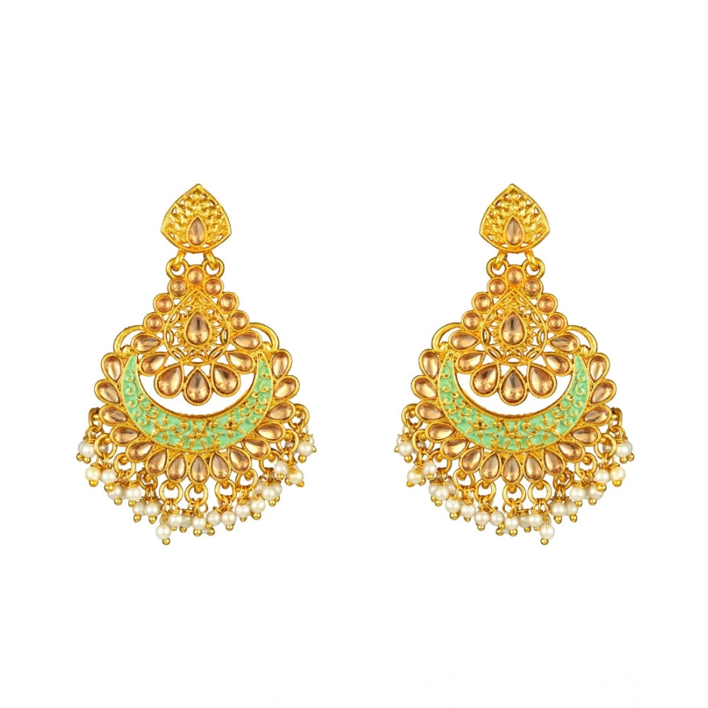 Women's Rose Gold Plated Alloy Kundan Earrings &amp; Mangtikka (Green)