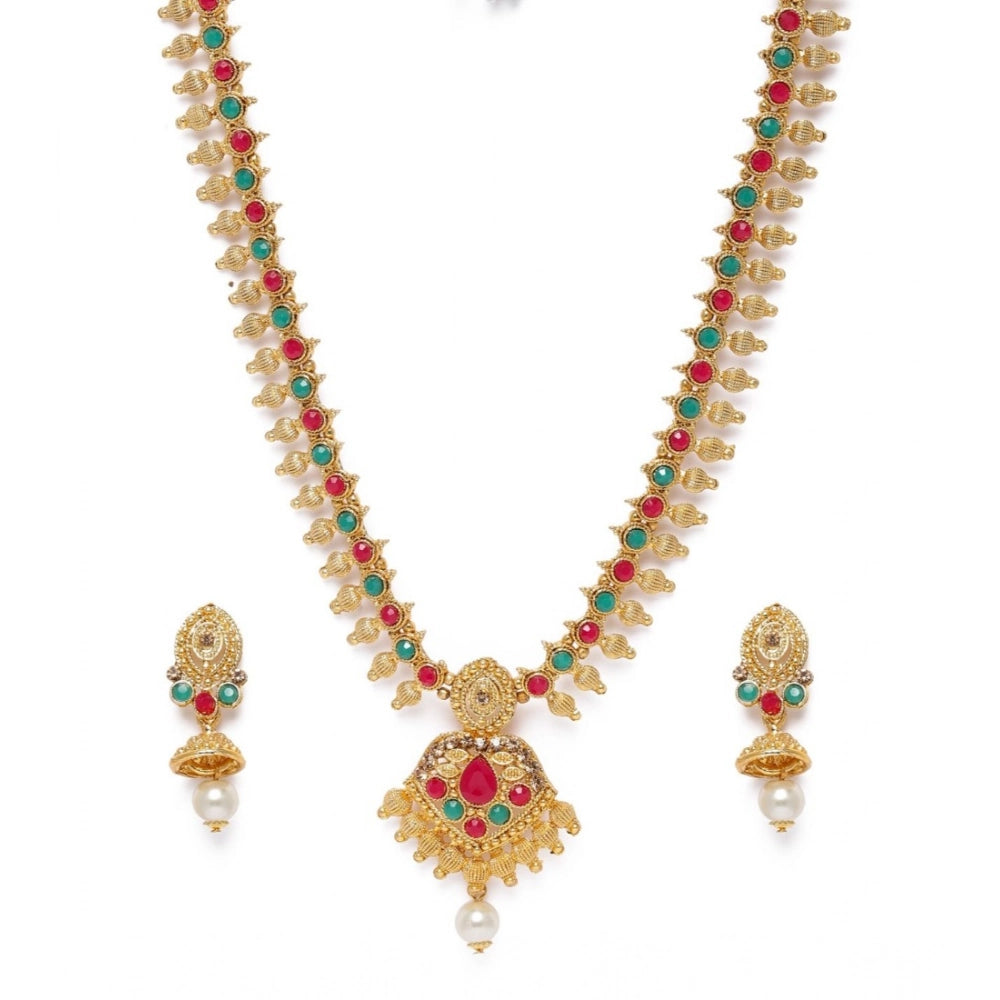 Women's Rose Gold Plated Alloy Necklace &amp; Earings Set (Green &amp; Red)