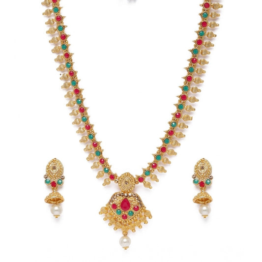 Women's Rose Gold Plated Alloy Necklace &amp; Earings Set (Green &amp; Red)