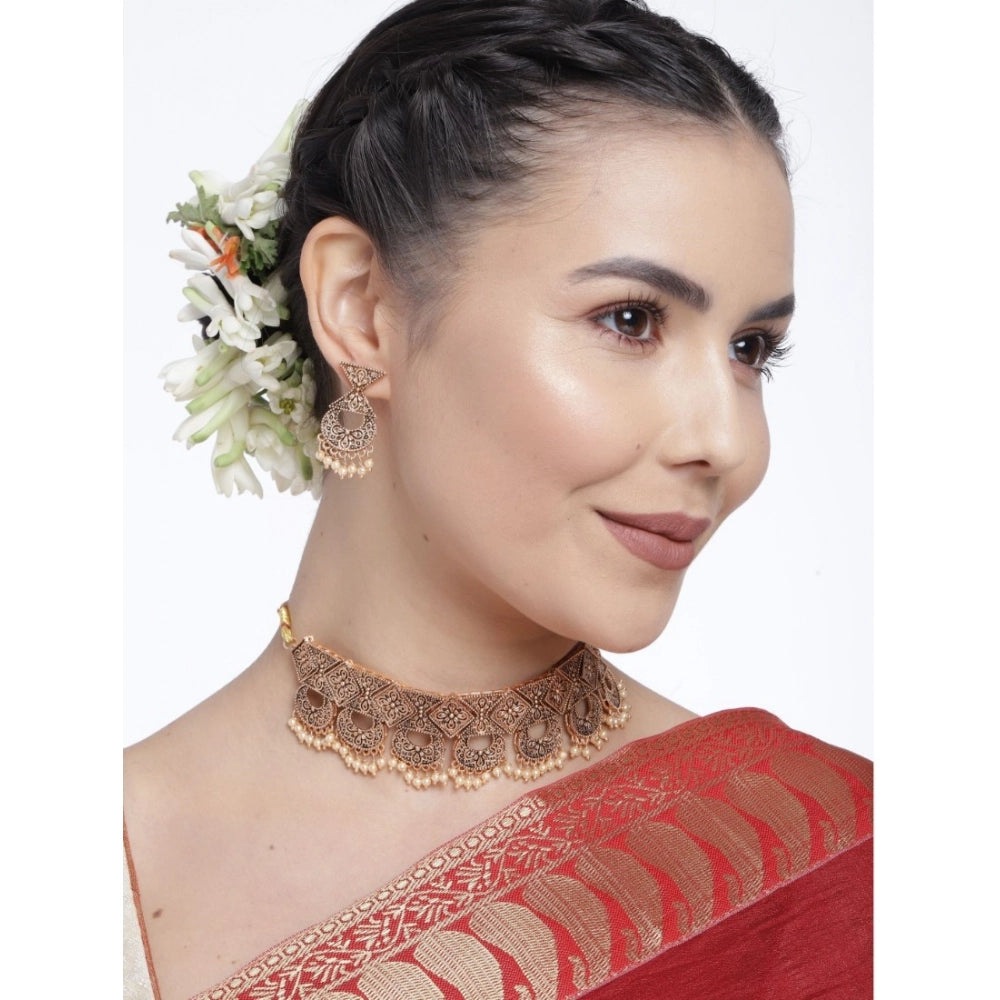 Women's Rose Gold Plated Alloy Necklace &amp; Earings Set (Gold)