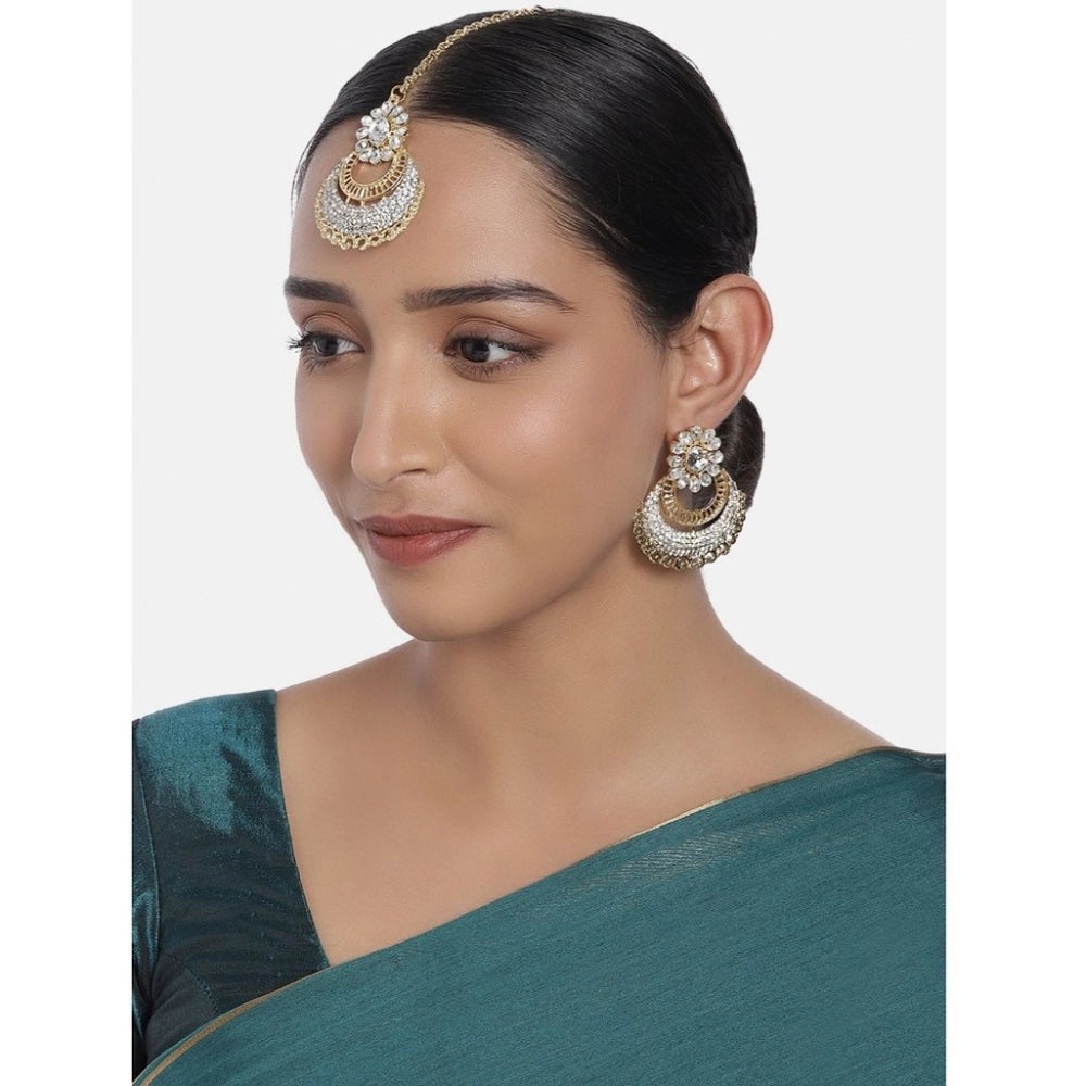 Women's Rose Gold Plated Alloy Kundan Earrings &amp; Mangtikka (White)