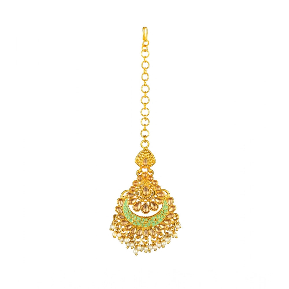 Women's Rose Gold Plated Alloy Kundan Earrings &amp; Mangtikka (Green)