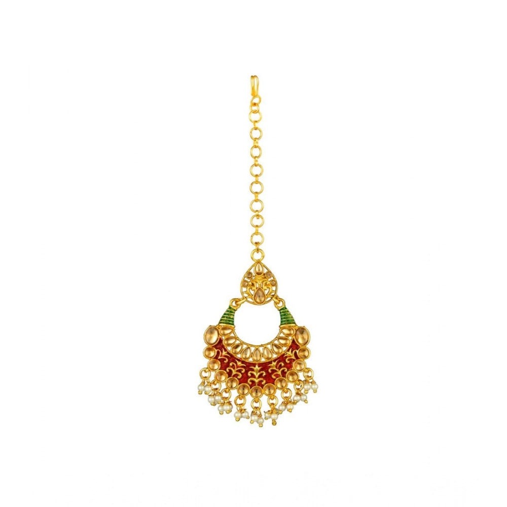 Women's Rose Gold Plated Alloy Kundan Earrings &amp; Mangtikka (Red &amp; Green)