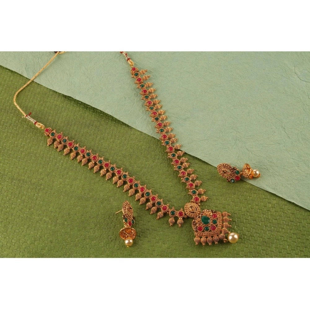 Women's Rose Gold Plated Alloy Necklace &amp; Earings Set (Green &amp; Red)