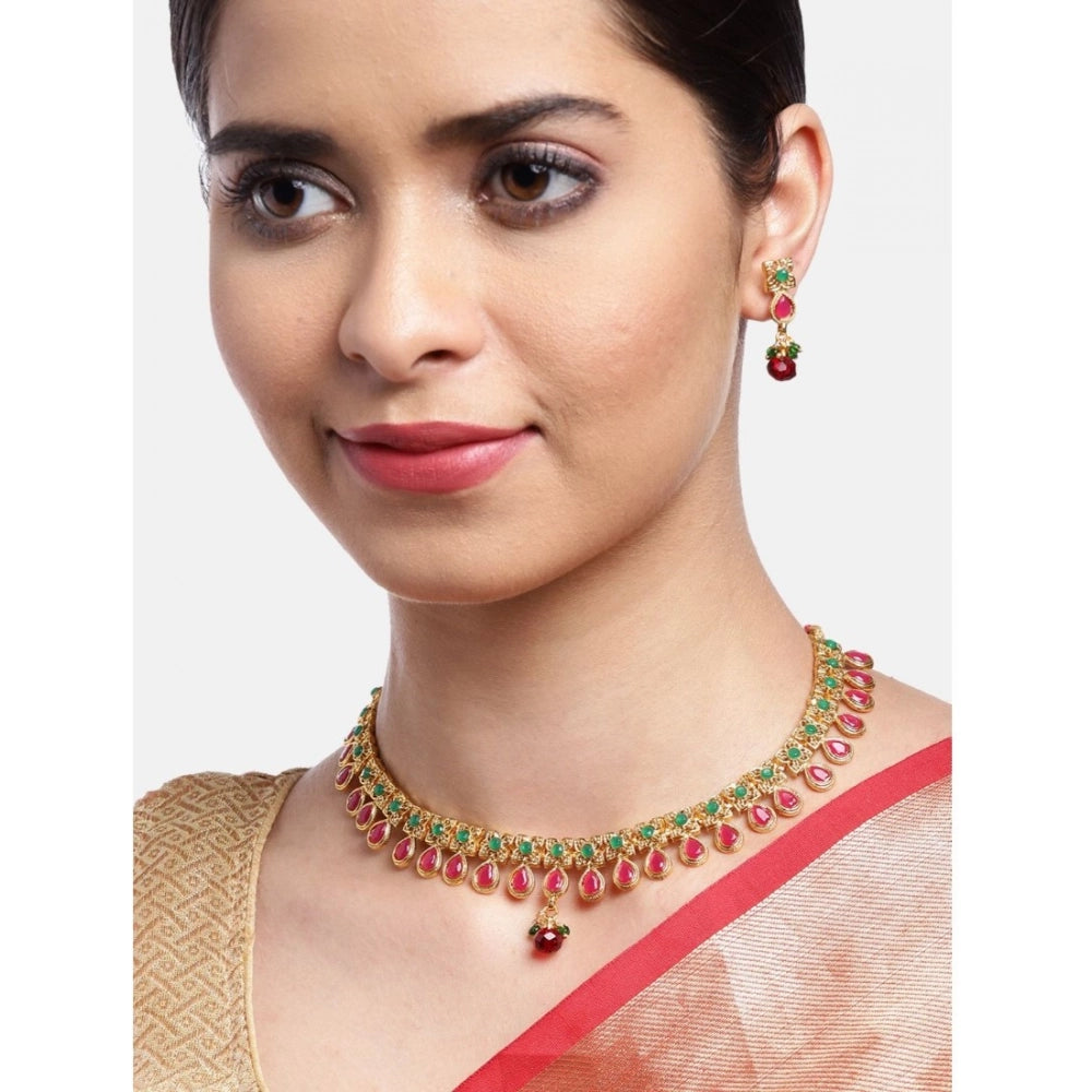 Women's Rose Gold Plated Alloy Necklace &amp; Earings Set (Green &amp; Red)