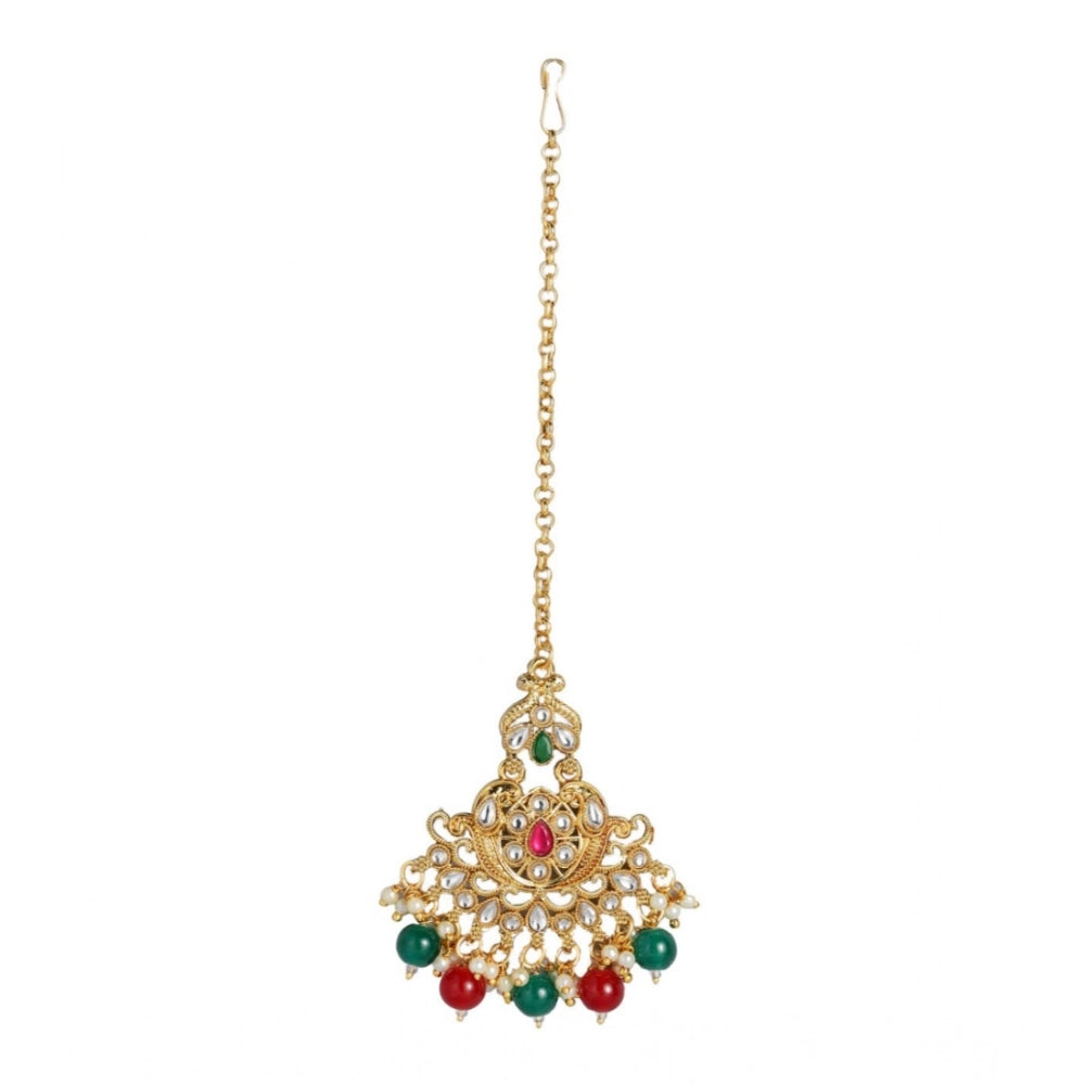 Women's Rose Gold Plated Alloy Kundan Earrings &amp; Mangtikka (Red &amp; Green)