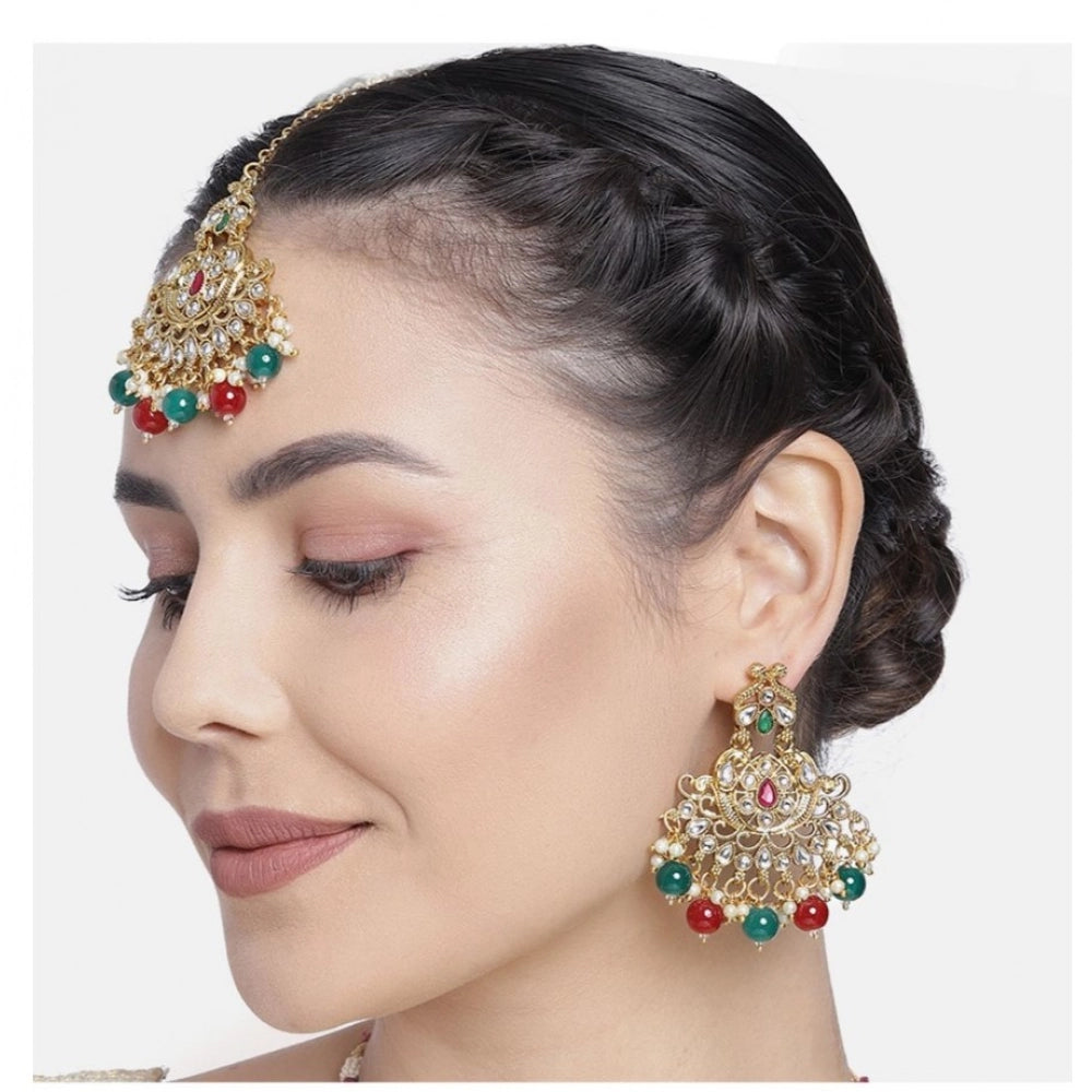 Women's Rose Gold Plated Alloy Kundan Earrings &amp; Mangtikka (Red &amp; Green)