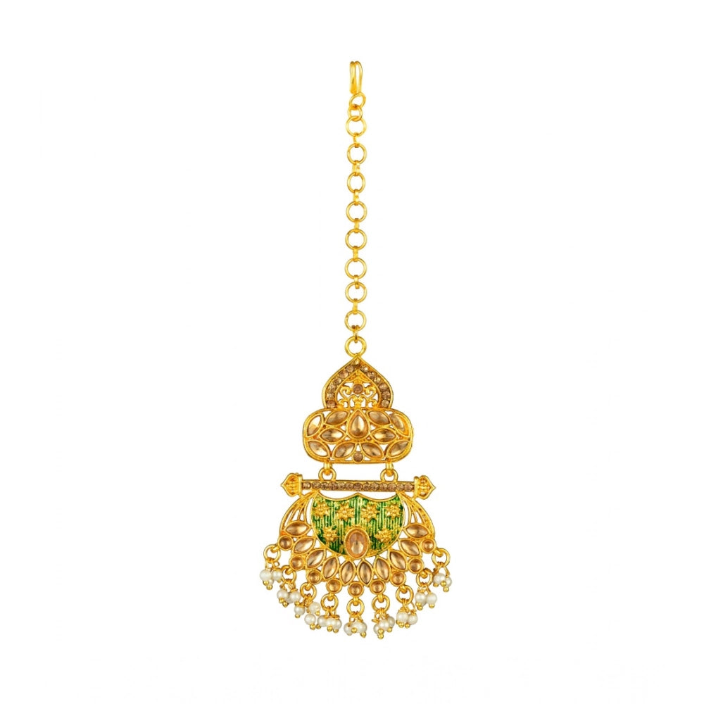 Women's Rose Gold Plated Alloy Kundan Earrings &amp; Mangtikka (Green)