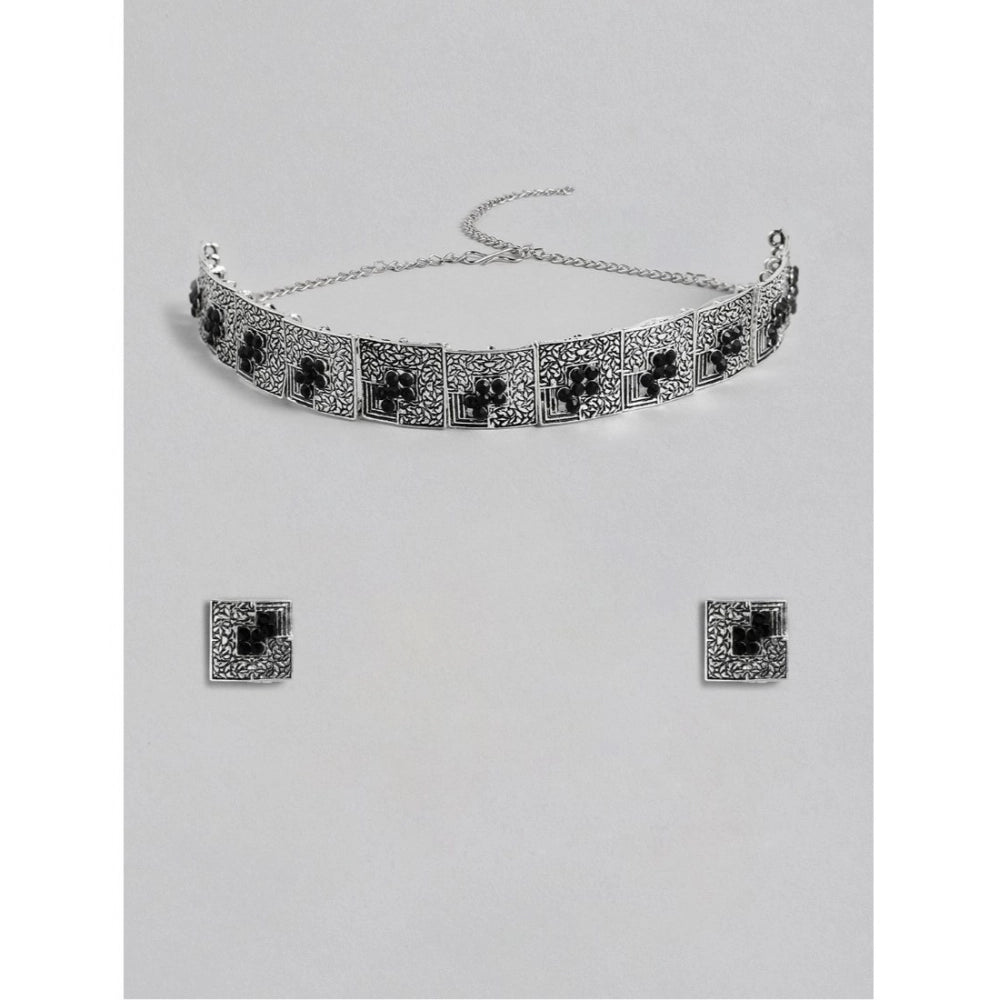 Women's Rose Gold Plated Alloy Necklace &amp; Earings Set (Silver &amp; Black)