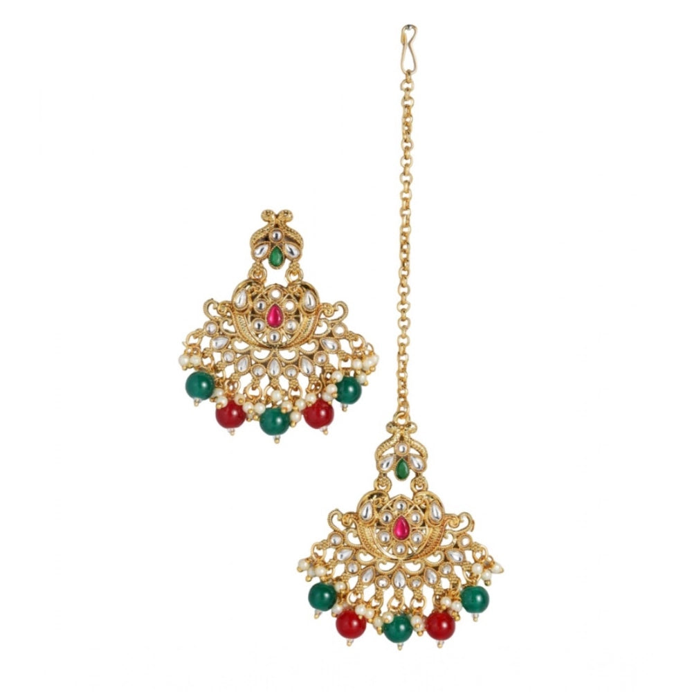 Women's Rose Gold Plated Alloy Kundan Earrings &amp; Mangtikka (Red &amp; Green)