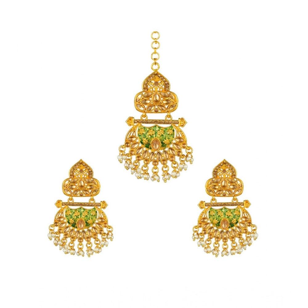 Women's Rose Gold Plated Alloy Kundan Earrings &amp; Mangtikka (Green)