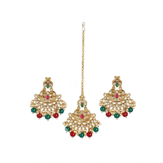 Women's Rose Gold Plated Alloy Kundan Earrings &amp; Mangtikka (Red &amp; Green)