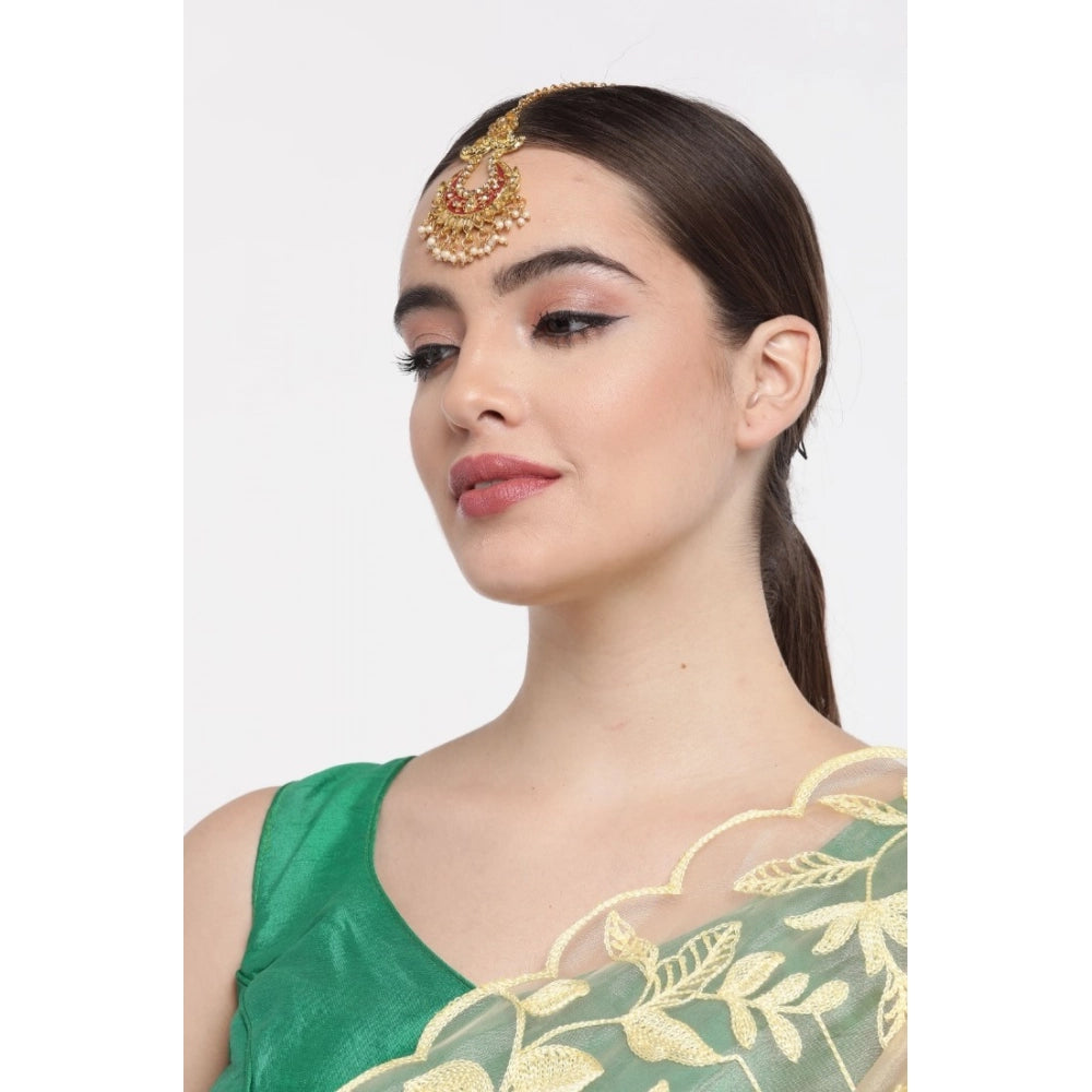 Women's Rose Gold Plated Alloy Kundan Earrings &amp; Mangtikka (Maroon)