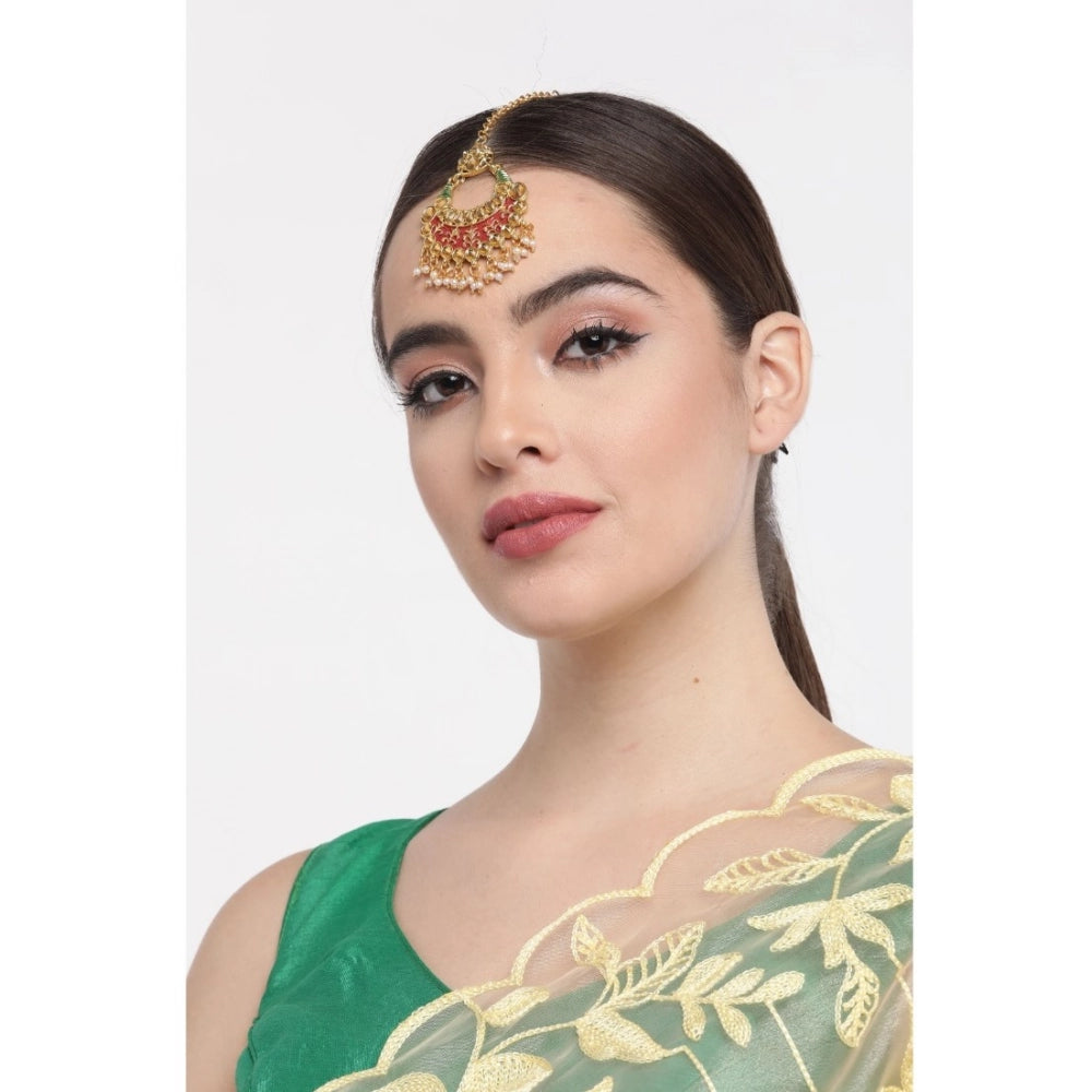 Women's Rose Gold Plated Alloy Kundan Earrings &amp; Mangtikka (Red &amp; Green)