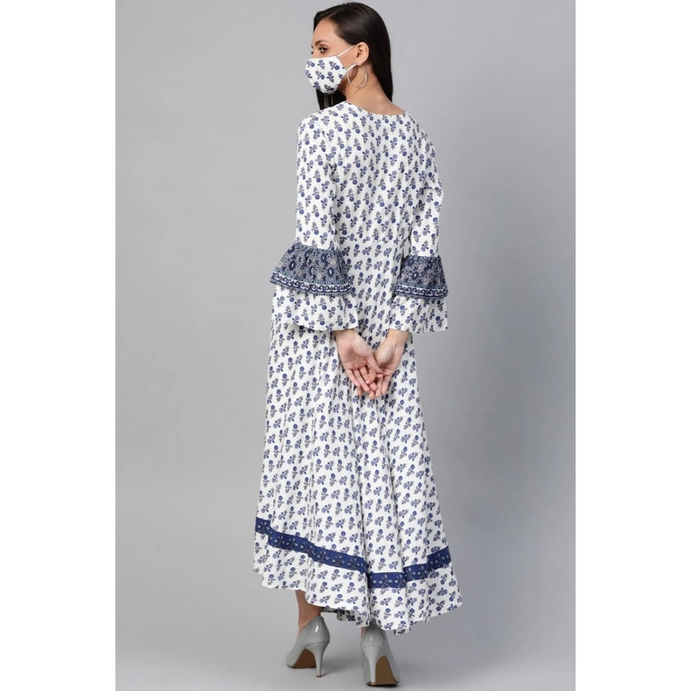Women's Casual Bell Sleeve Floral Printed Rayon Dress (White &amp; Blue)
