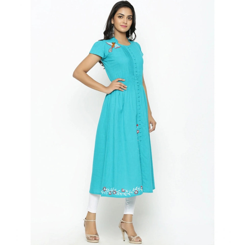 Women's Casual Short Sleeve Embroidery Cotton Slub Kurti (Torque Green)