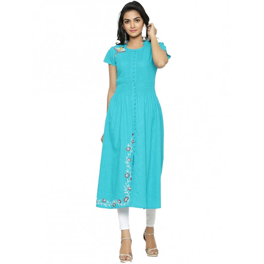 Women's Casual Short Sleeve Embroidery Cotton Slub Kurti (Torque Green)
