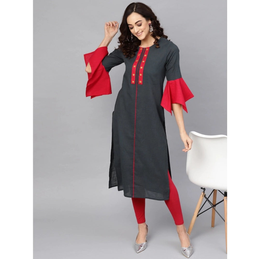 Women's Casual Bell Sleeves Mirror Work Cotton Slub Kurti (Grey)