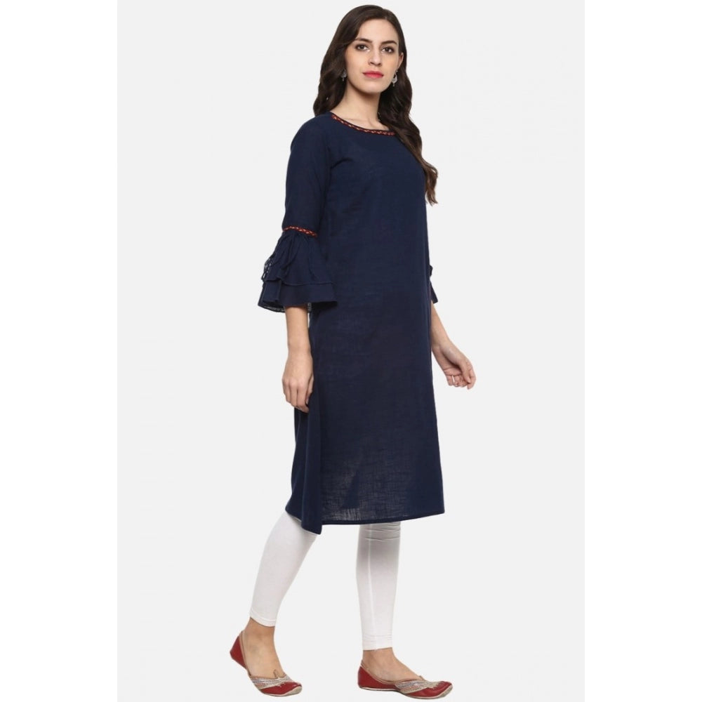 Women's Casual Bell Sleeves Solid Cotton Slub Kurti (Blue)