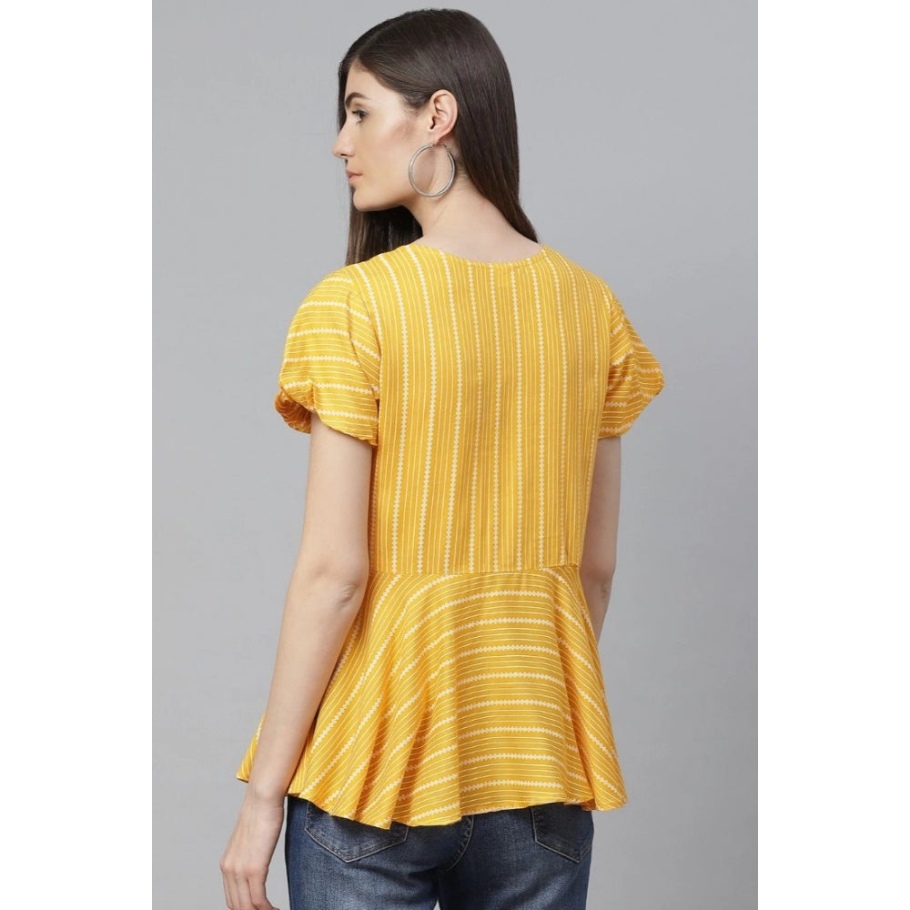 Women's Casual Short Sleeves Stripe Printed Rayon Top (Mustard)