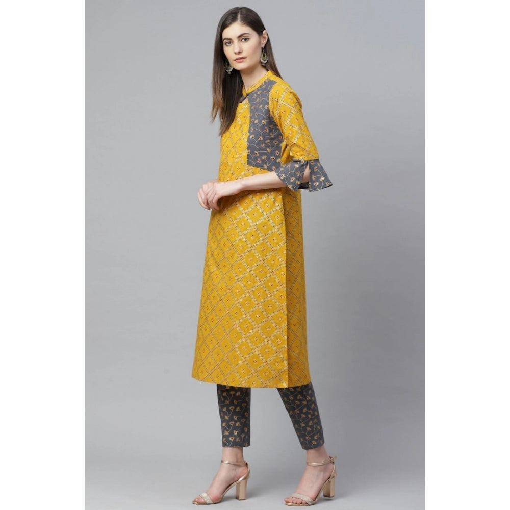 Women's Casual Bell Sleeves Geomatrical Printed Cotton Kurti Set (Yellow)