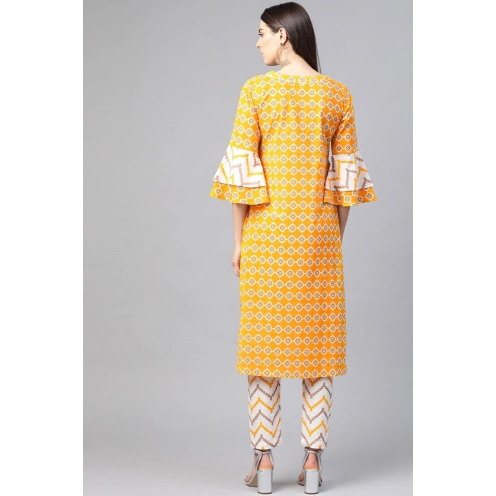 Women's Casual 3/4 th Sleeve Floral Printed Cotton Kurti Set (Mustard)