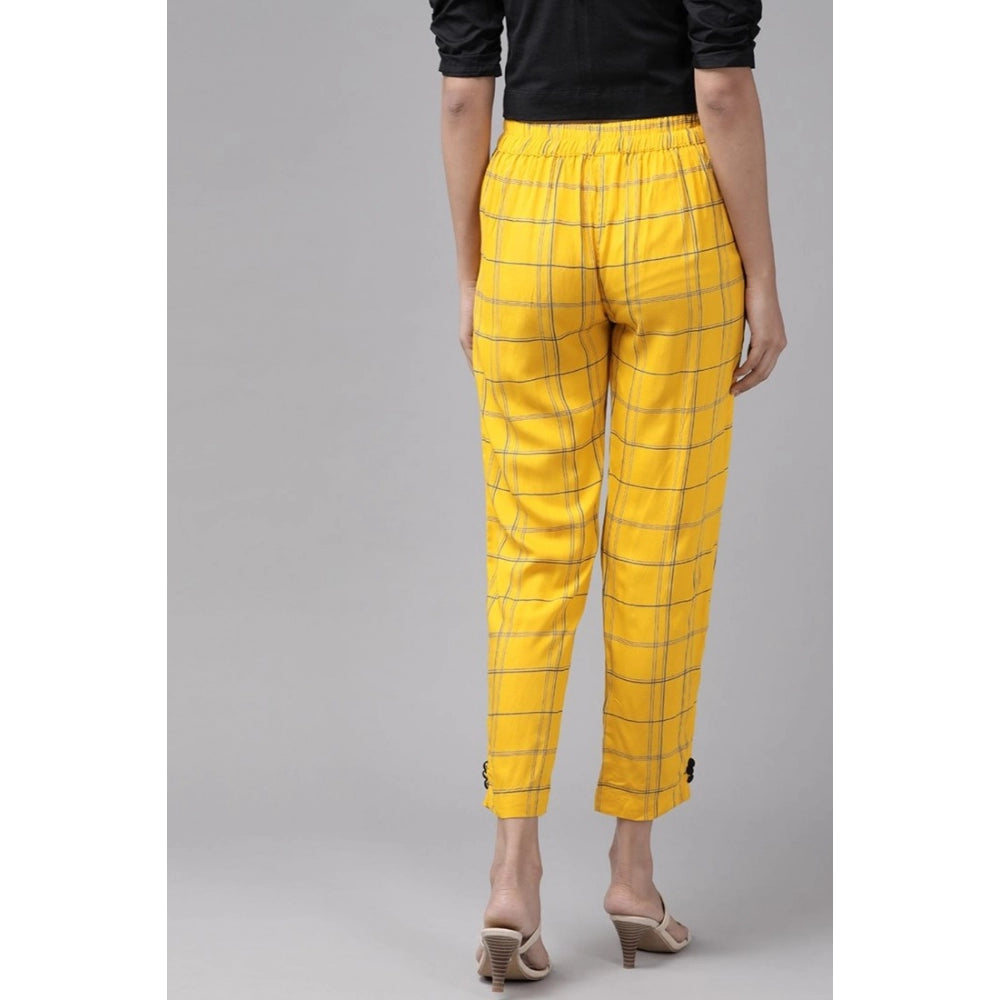 Women's Casual Checked Rayon Trouser Pant (Yellow)