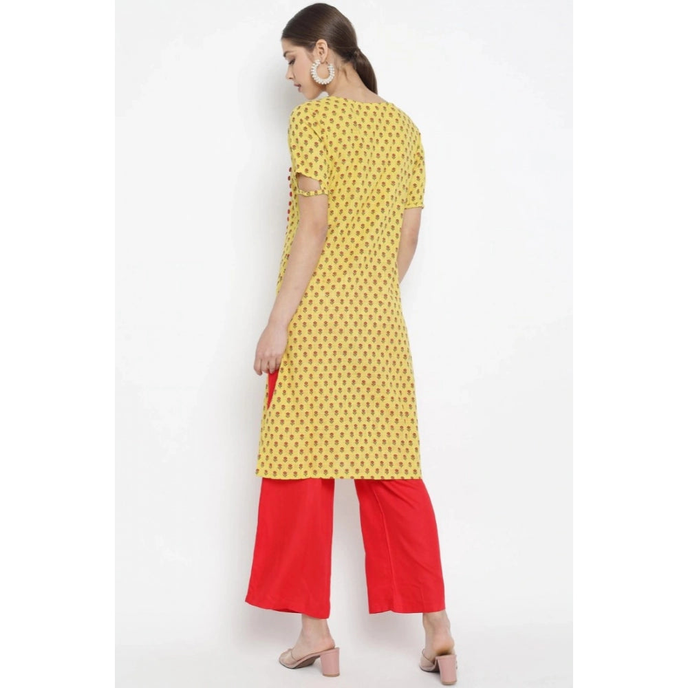 Women's Casual Short Sleeves Floral Printed Cotton &amp; Rayon Kurti Palazzo Set (Yellow &amp; Red)
