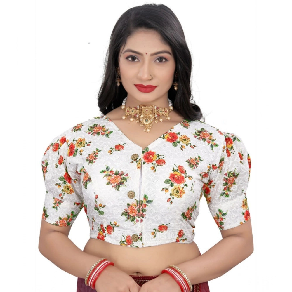 Women's Cotton Blend Floral Readymade Blouse (Orange, Size: Free Size)