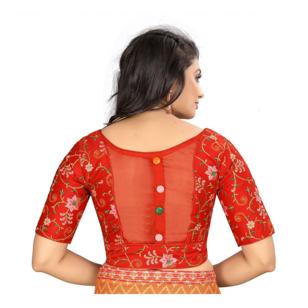 Women's Satin Floral Readymade Blouse (Red, Size: Free Size)