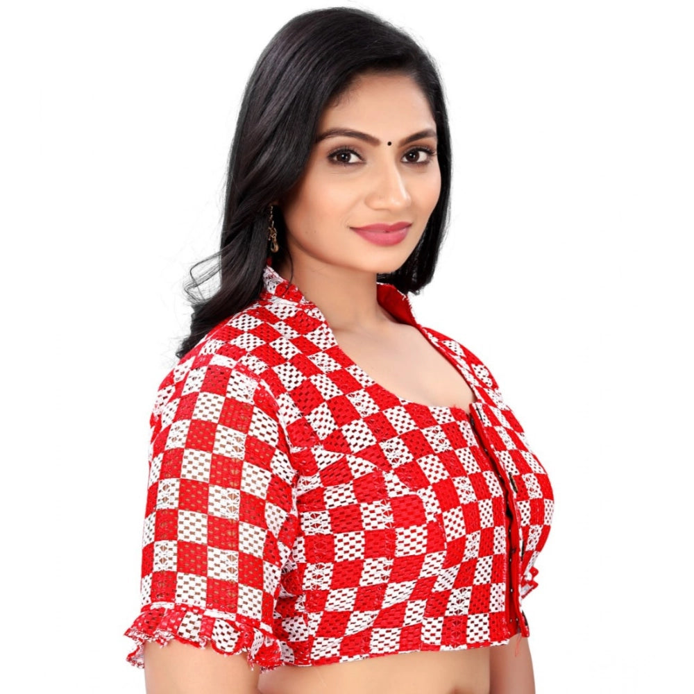 Women's Cotton Blend Checks Readymade Blouse (Red, Size: Free Size)