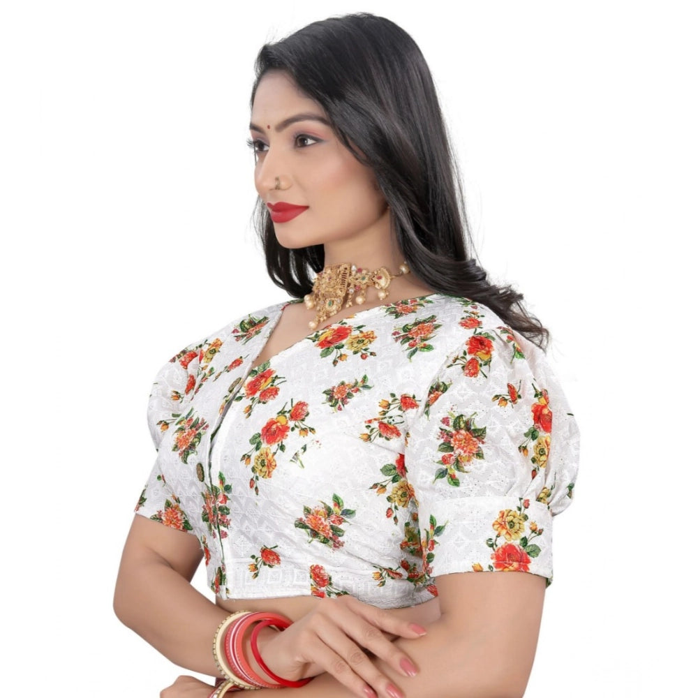 Women's Cotton Blend Floral Readymade Blouse (Orange, Size: Free Size)