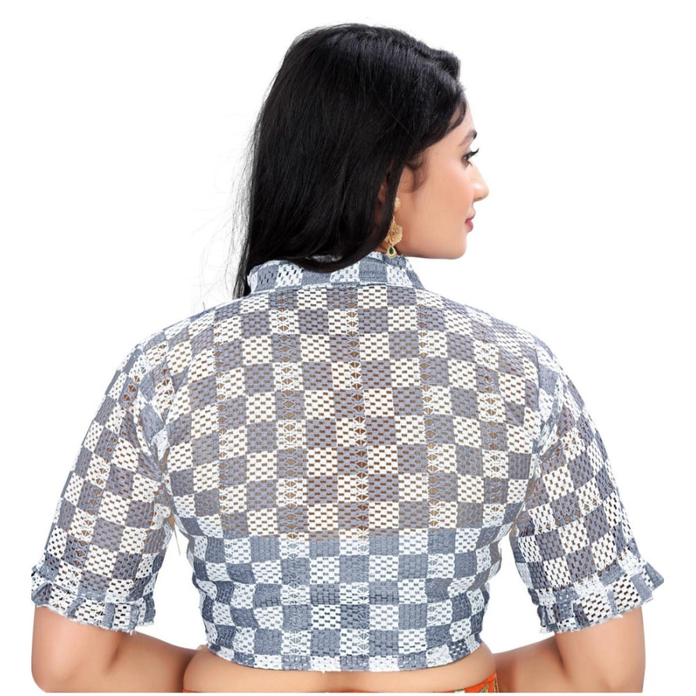 Women's Cotton Blend Checks Readymade Blouse (Grey, Size: Free Size)