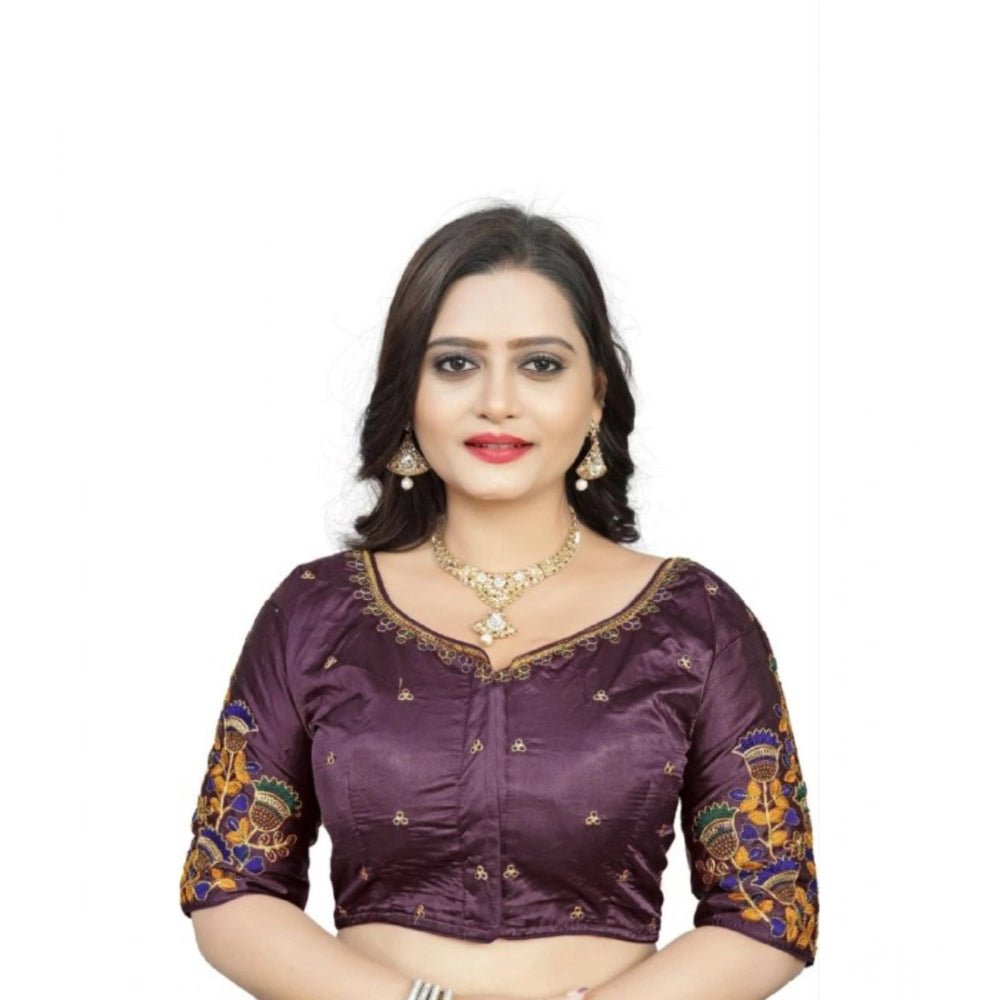 Women's Malai Silk Floral Readymade Blouse (Purple, Size: Free Size)
