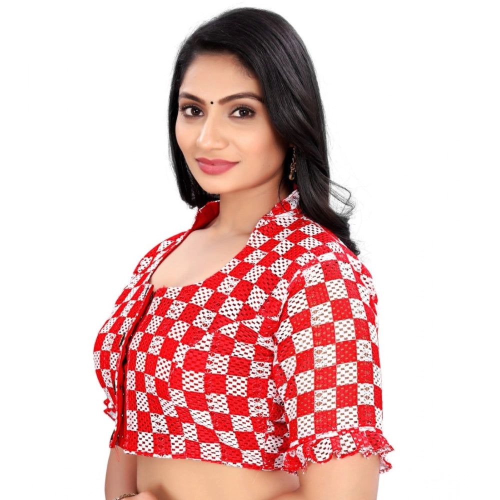 Women's Cotton Blend Checks Readymade Blouse (Red, Size: Free Size)