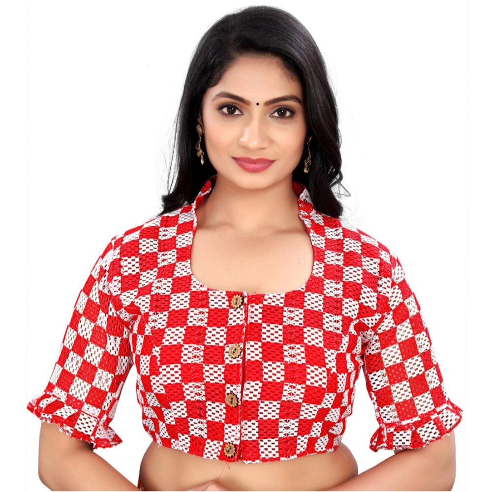 Women's Cotton Blend Checks Readymade Blouse (Red, Size: Free Size)