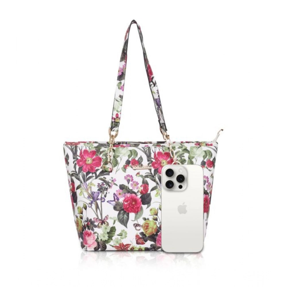 Women's Faux Leather Printed Tote Bag (White Pink)