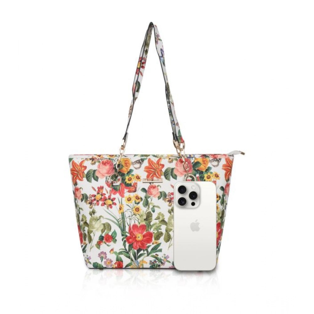 Women's Faux Leather Printed Tote Bag (White Orang)