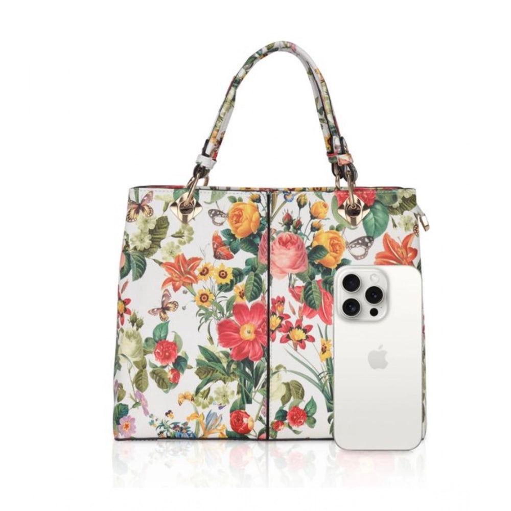 Women's Faux Leather Printed Handheld Bag (White Orang)