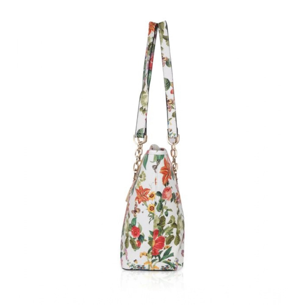Women's Faux Leather Printed Tote Bag (White Orang)