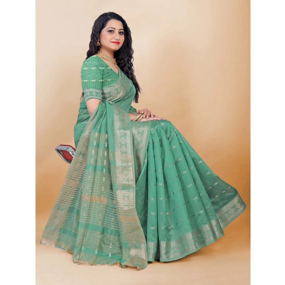 Women's Silk Blend Woven Saree With Unstitched Blouse 5.5Mtr (Dark Green)