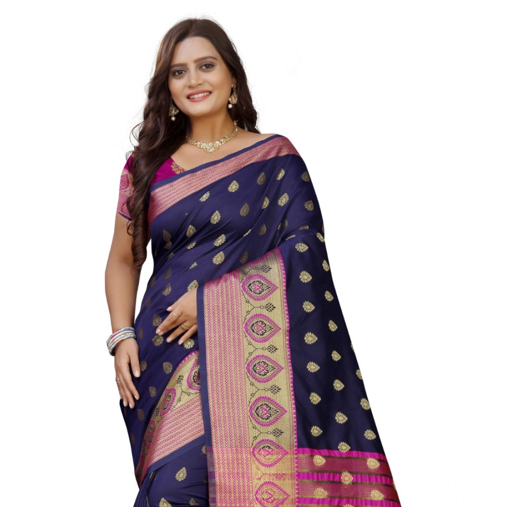 Women's Silk Blend Woven Saree With Unstitched Blouse 5.5Mtr (Dark Blue-Pink)