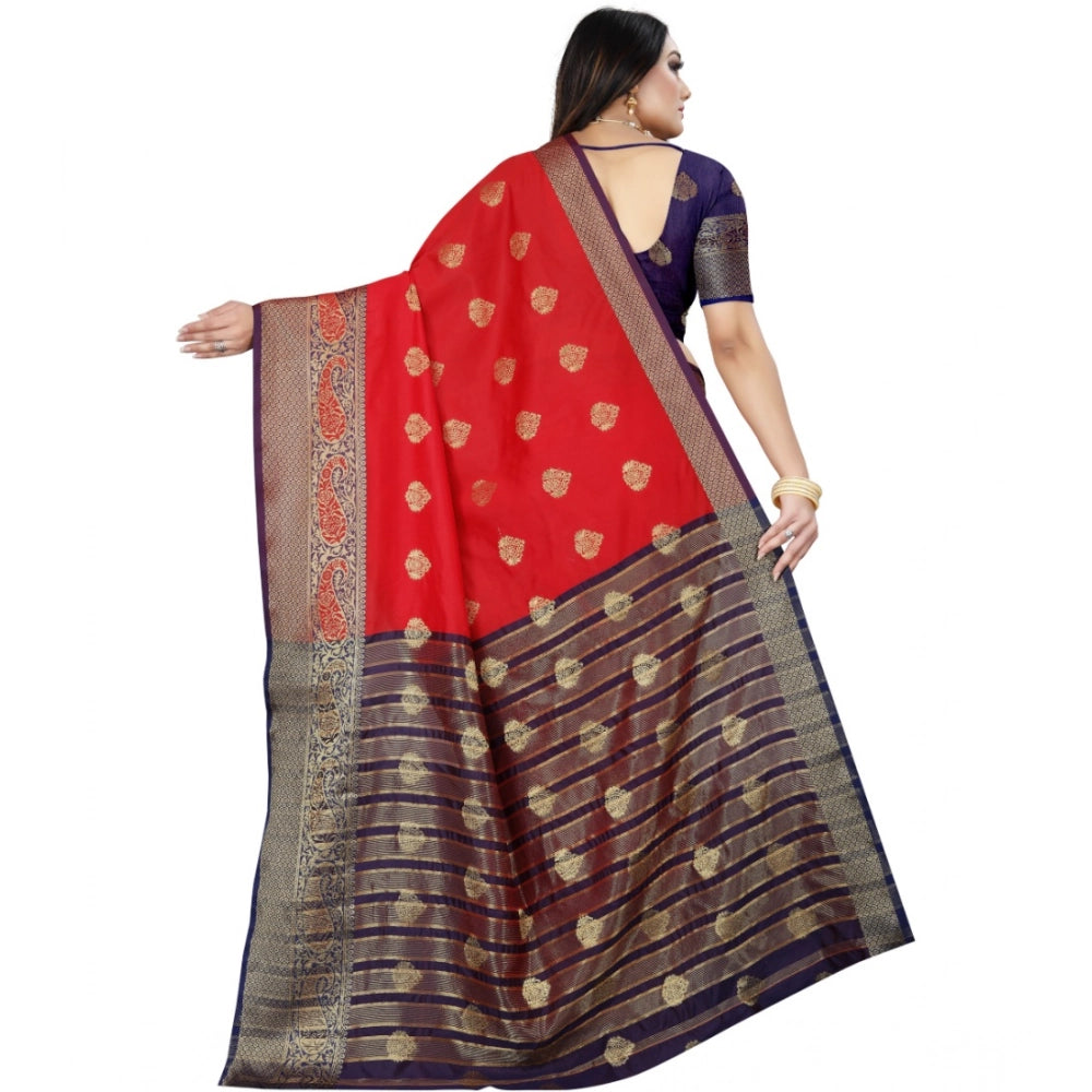 Women's Silk Blend Woven Saree With Unstitched Blouse 5.5Mtr (Purple-Red)